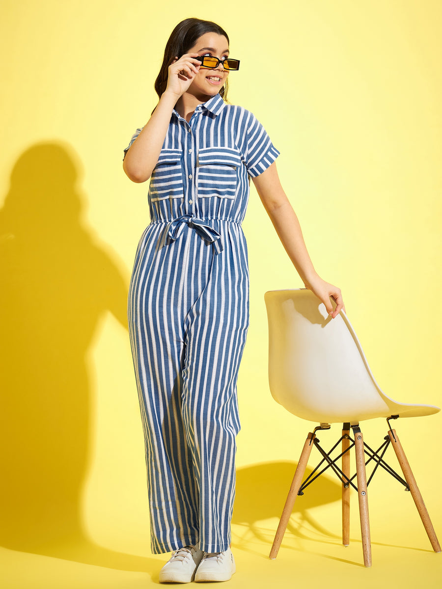 StyleStone Girls Blue & White Cotton Striped Jumpsuit Stylestone