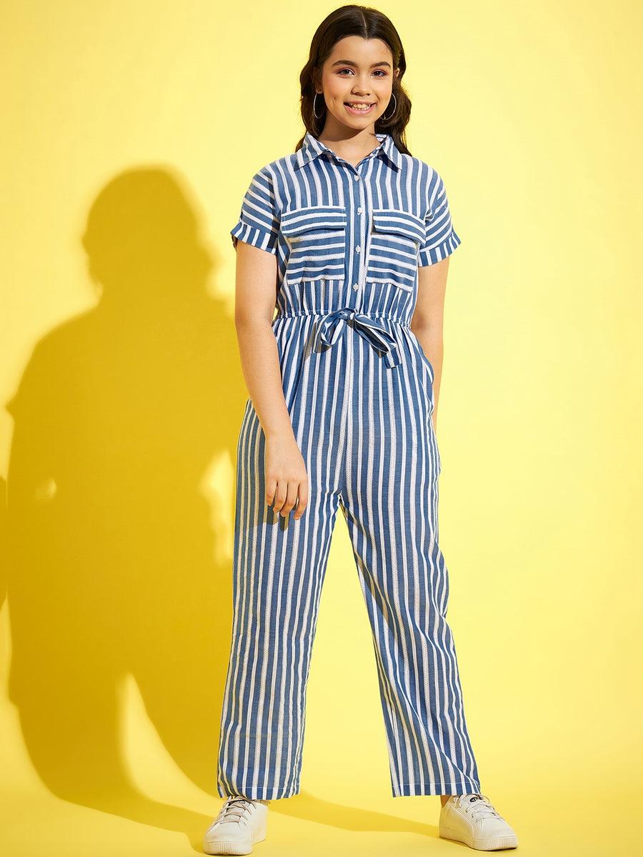 StyleStone Girls Blue & White Cotton Striped Jumpsuit Stylestone