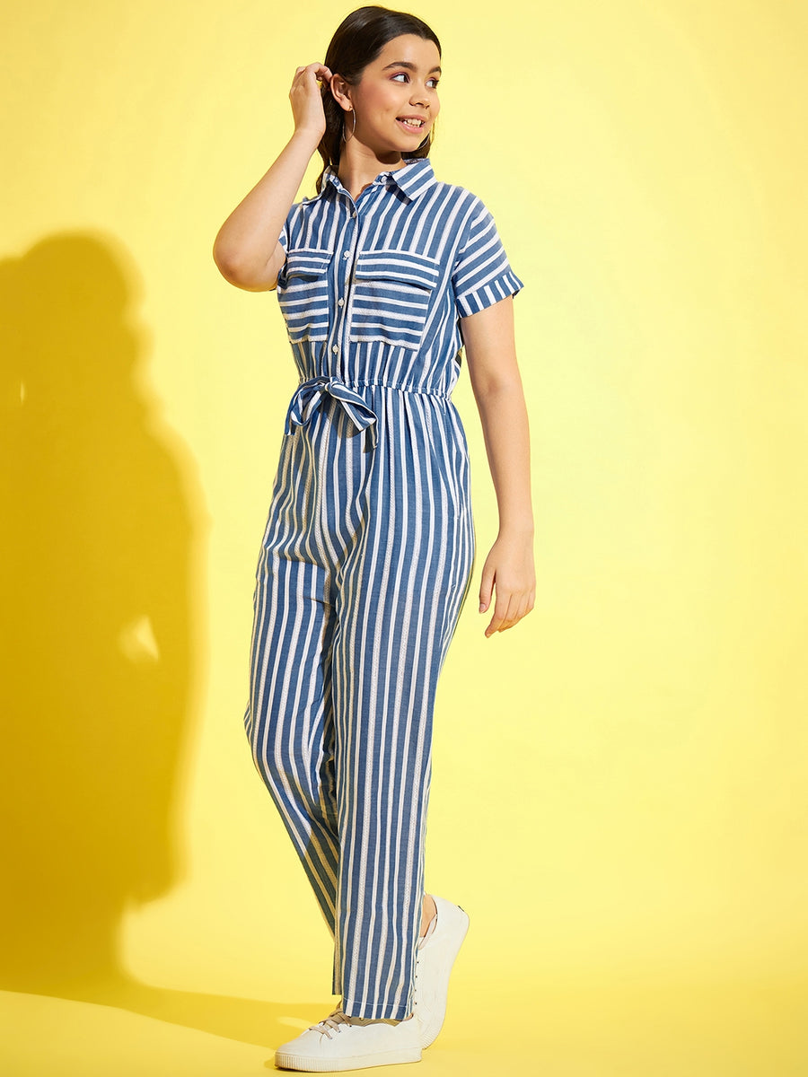 StyleStone Girls Blue & White Cotton Striped Jumpsuit Stylestone