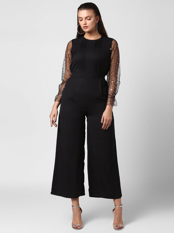 Women's Polyester embellished Net Sleeves jumpsuit