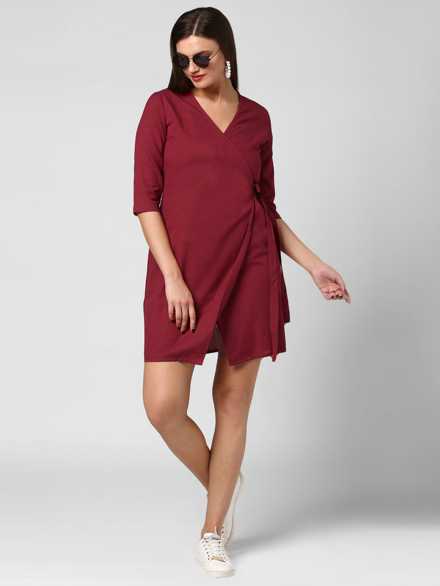 Women's Maroon Cotton Linen Wrap Dress Stylestone