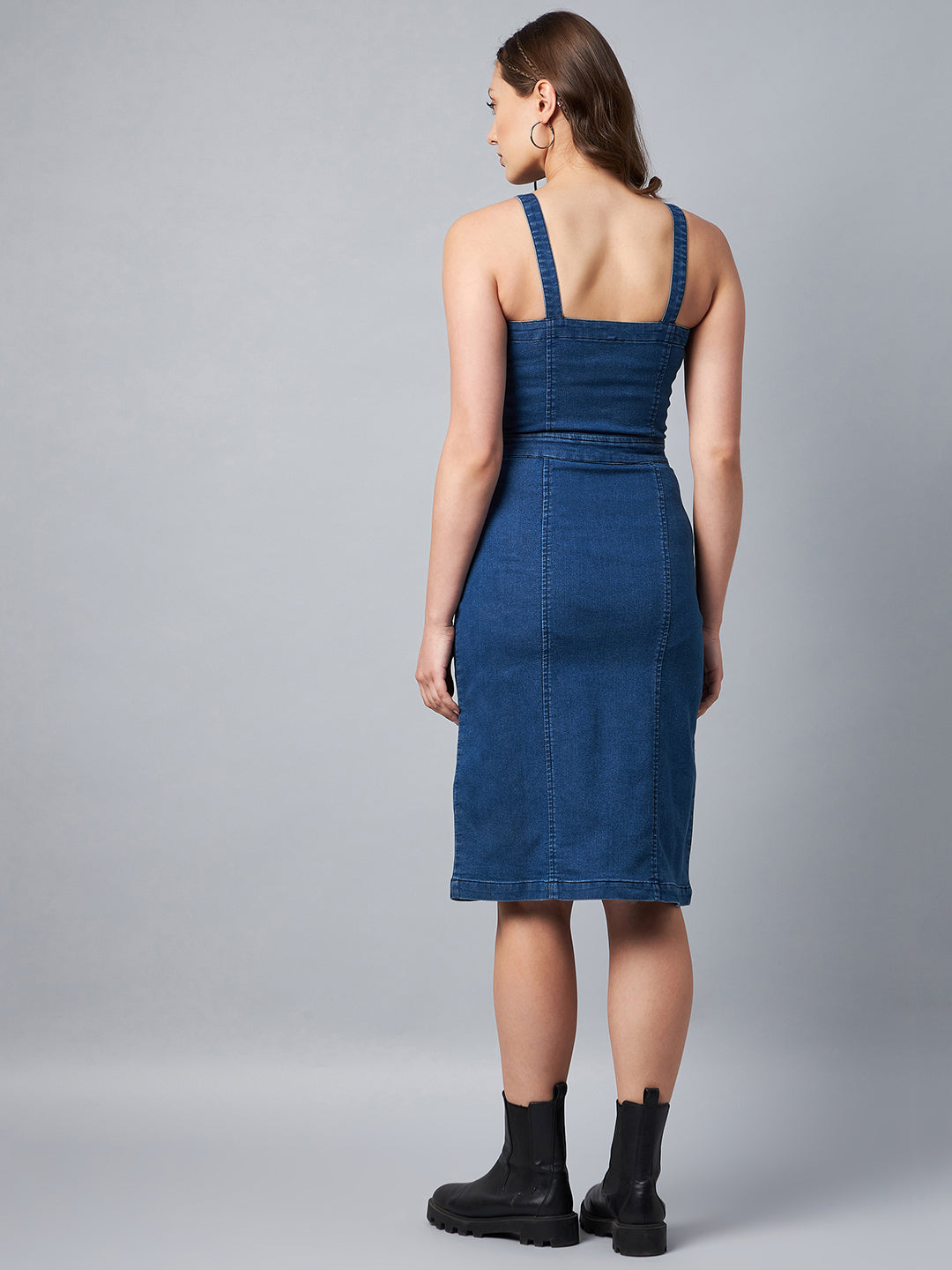 Women's Washed Blue Denim Lycra Fitted Dress