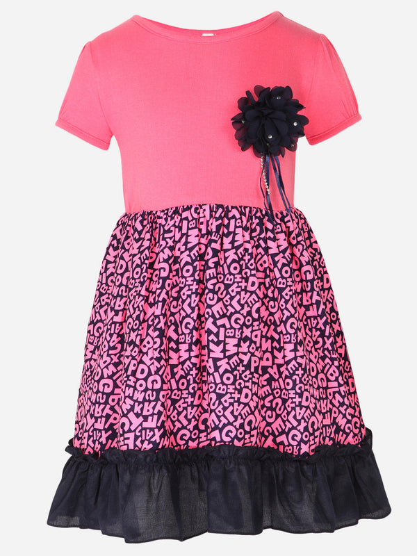 Girls Pink Alphabet Printed Flared Dress