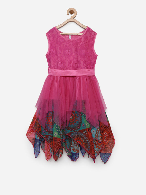 Girls Fuschia Printed Asymetrical Hemline Dress