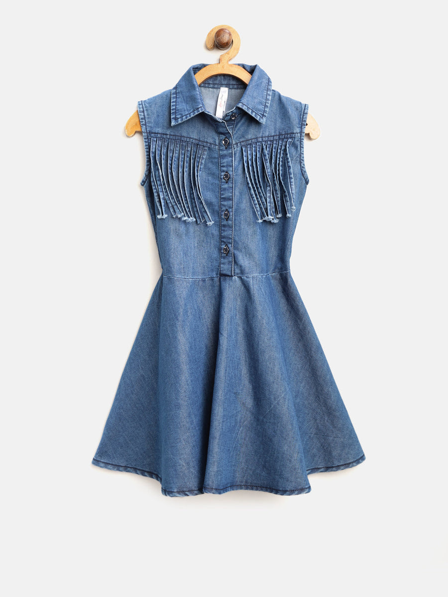 Girls Denim Fringe Dress with Front Button – Stylestone