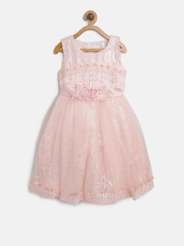 Girls Peach Pearls and Roses embellished Party Dress