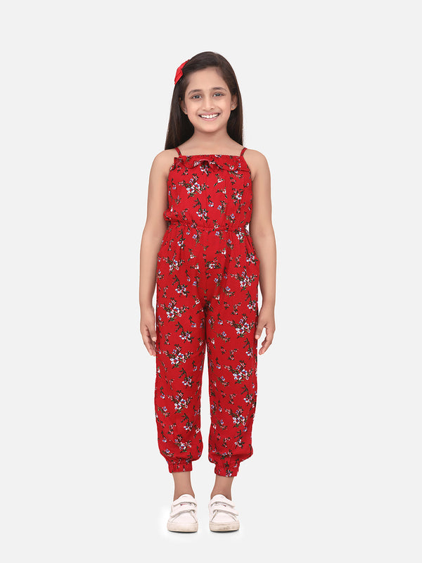 Girls Red Printed Rayon Jumpsuit