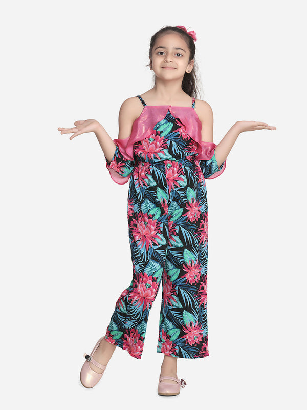 Girls Floral Jumpsuit with Pink Off Shoulder ruffle