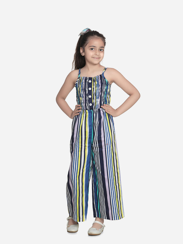 Girls Cotton Blue Stripe Jumpsuit with Smocked Chest