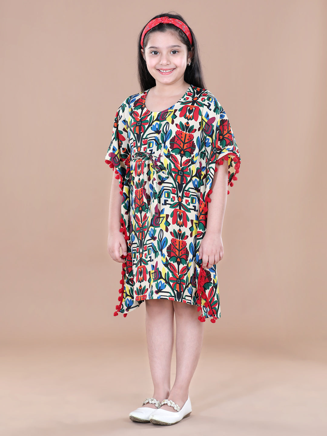 Girls Polyester  Printed Kaftan Dress with Pom Pom