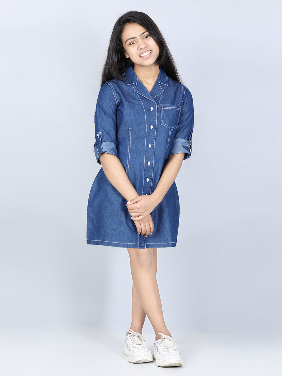 Girls Denim Shirt Dress with Lapel – Stylestone