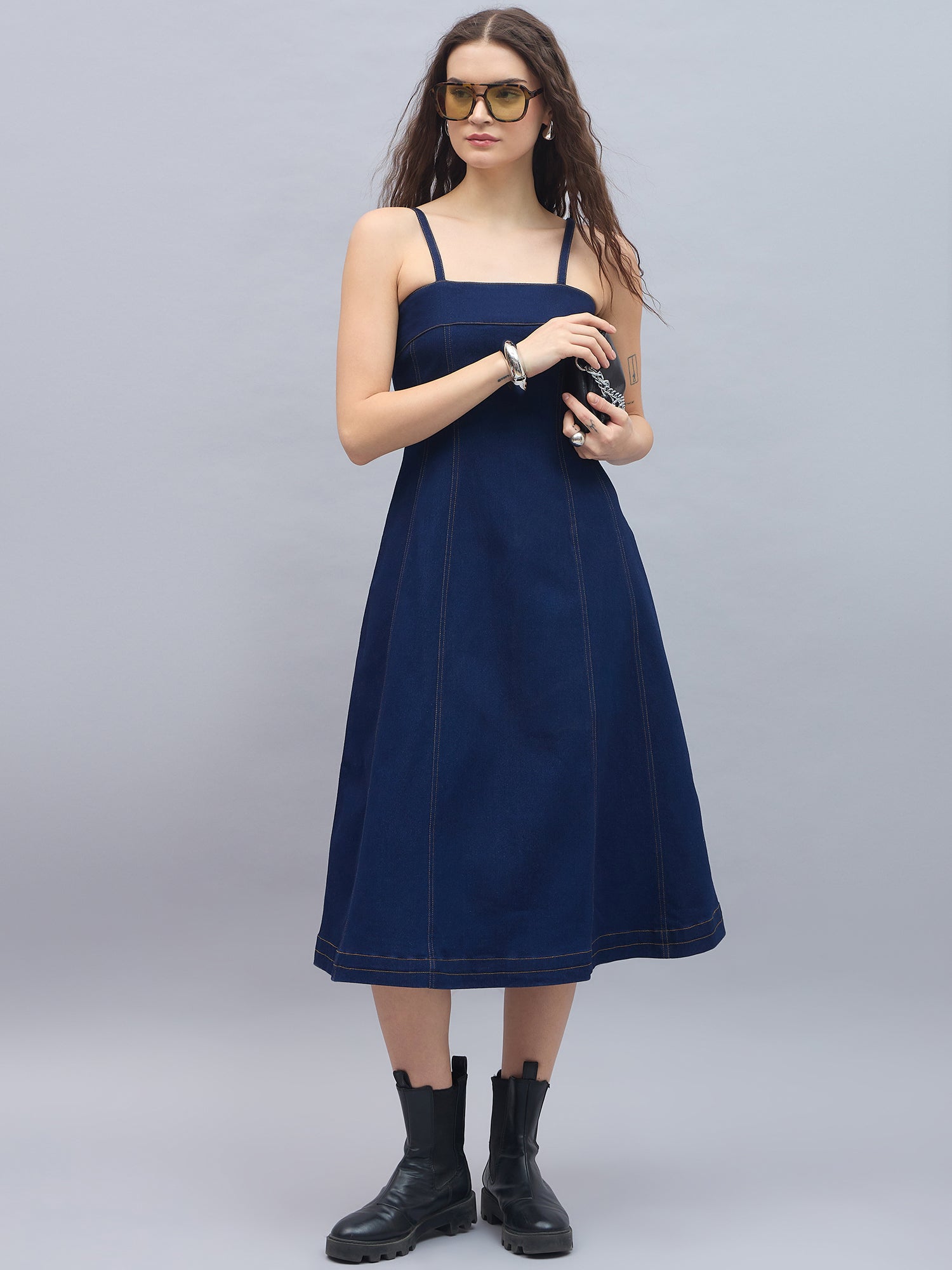 StyleStone Women's Denim Midi Dress with Shoulder straps