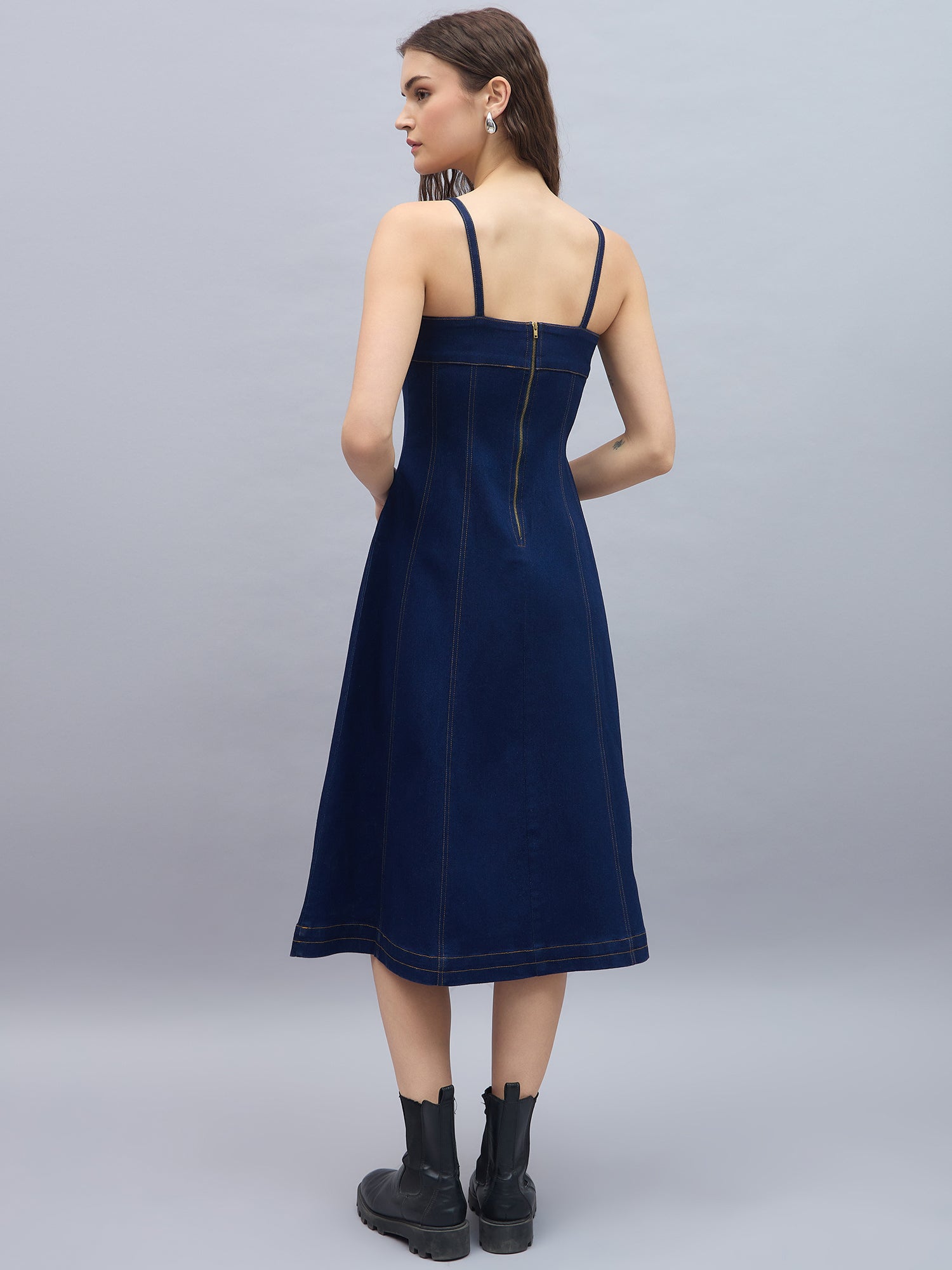 StyleStone Women's Denim Midi Dress with Shoulder straps