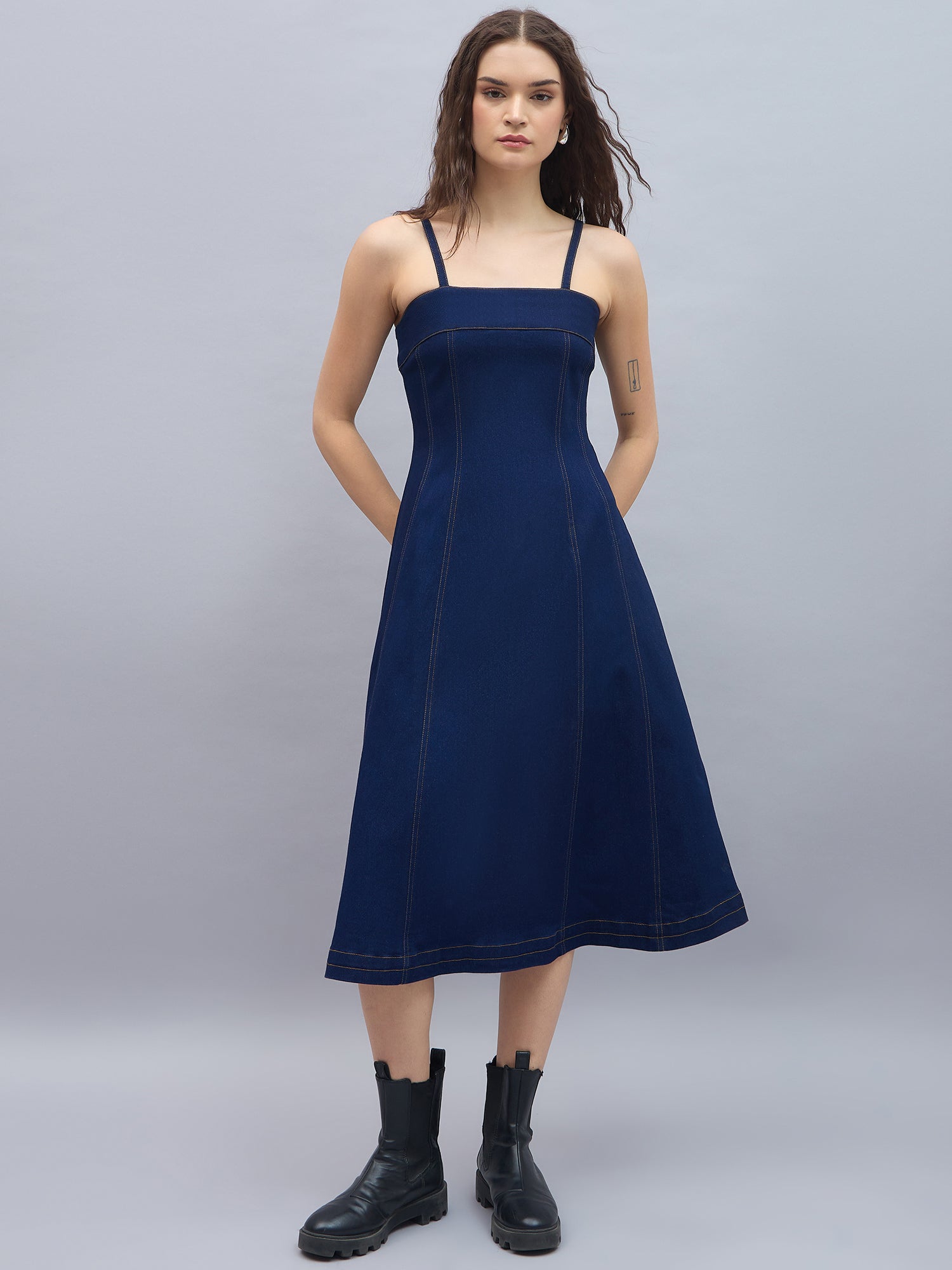 StyleStone Women's Denim Midi Dress with Shoulder straps