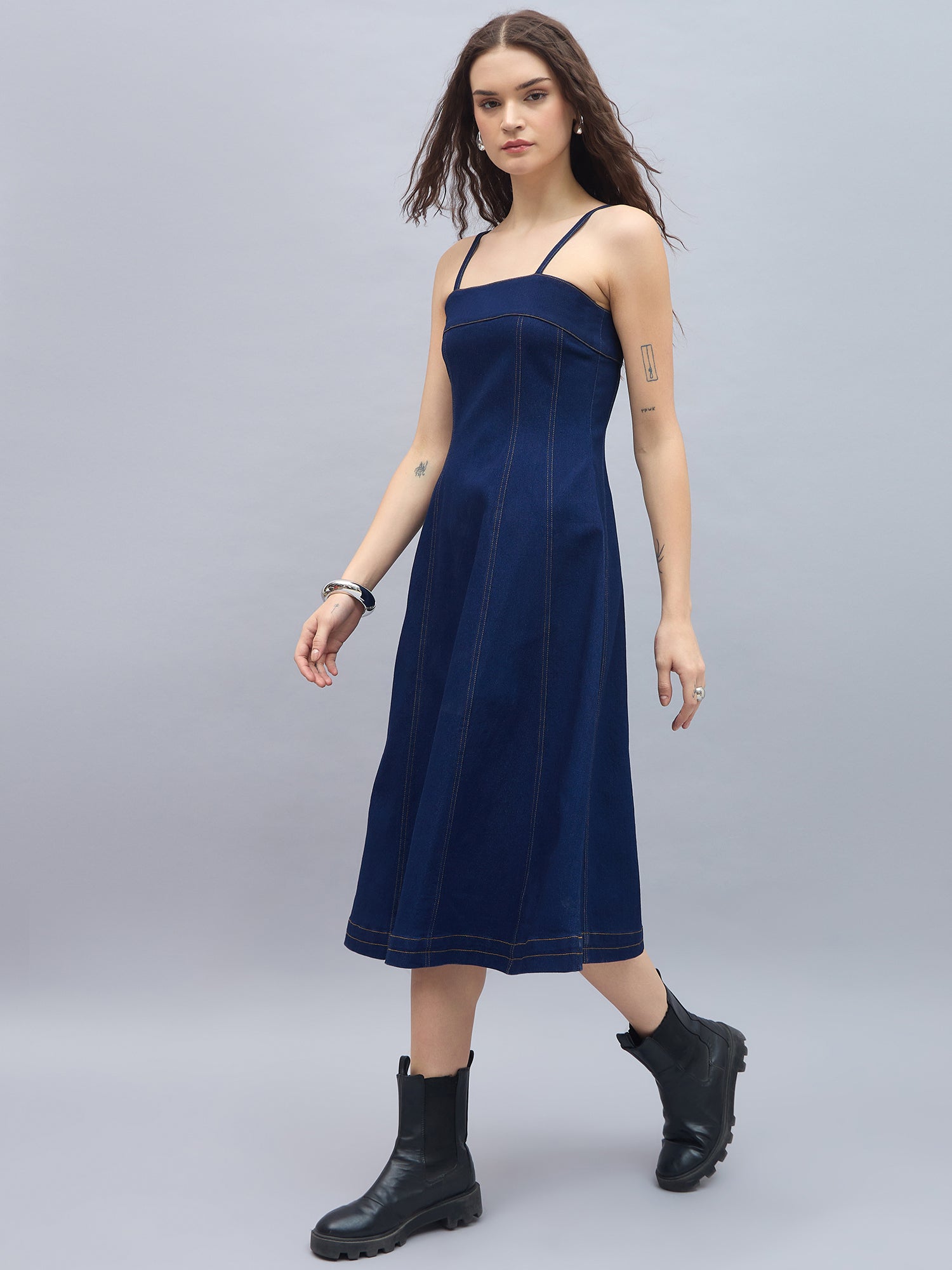 StyleStone Women's Denim Midi Dress with Shoulder straps