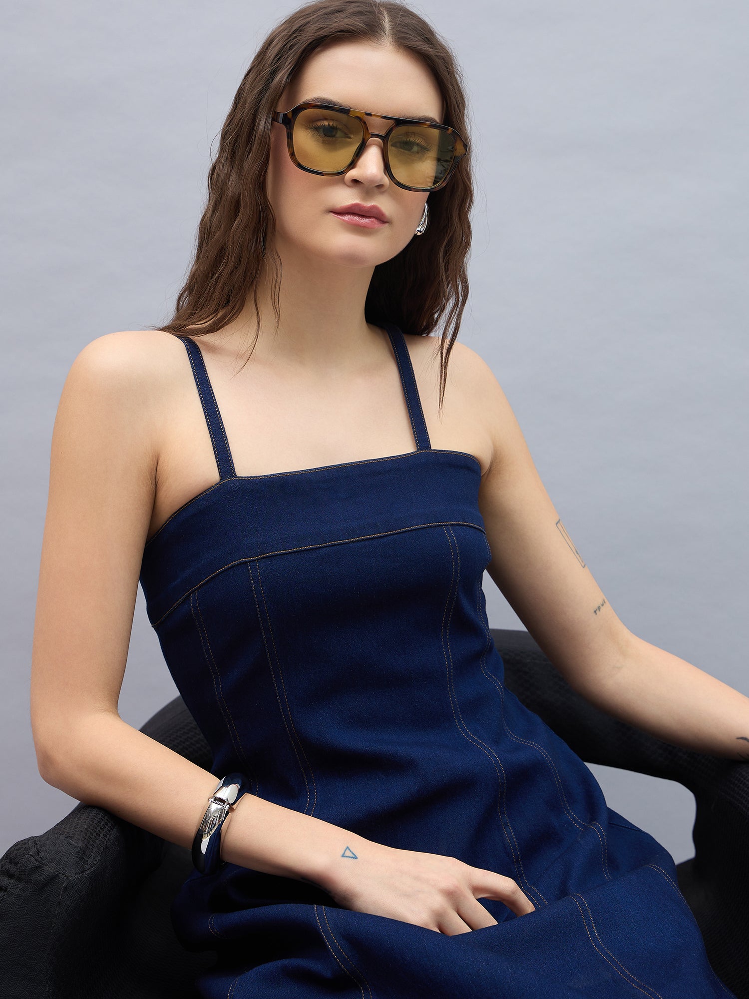 StyleStone Women's Denim Midi Dress with Shoulder straps