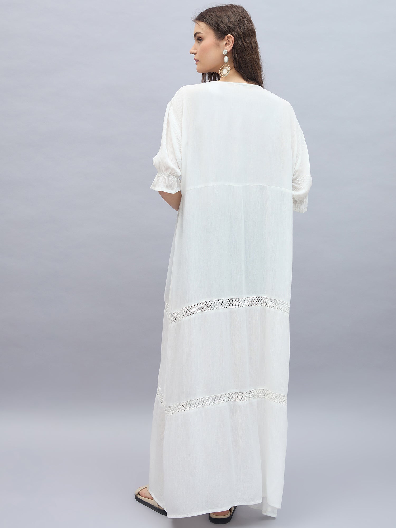 StyleStone Women's Rayon Crepe White Longline Shrug with Lace Inserts
