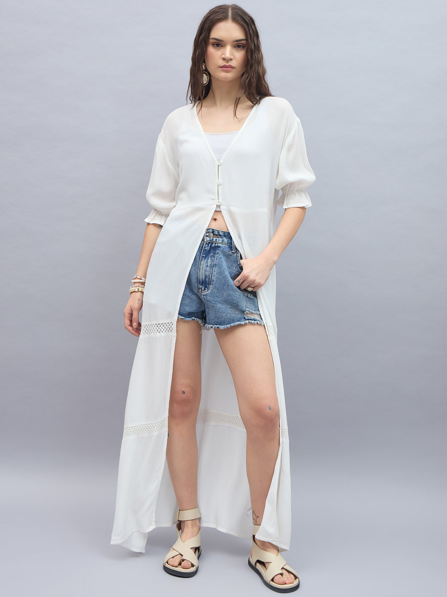 StyleStone Women's Rayon Crepe White Longline Shrug with Lace Inserts