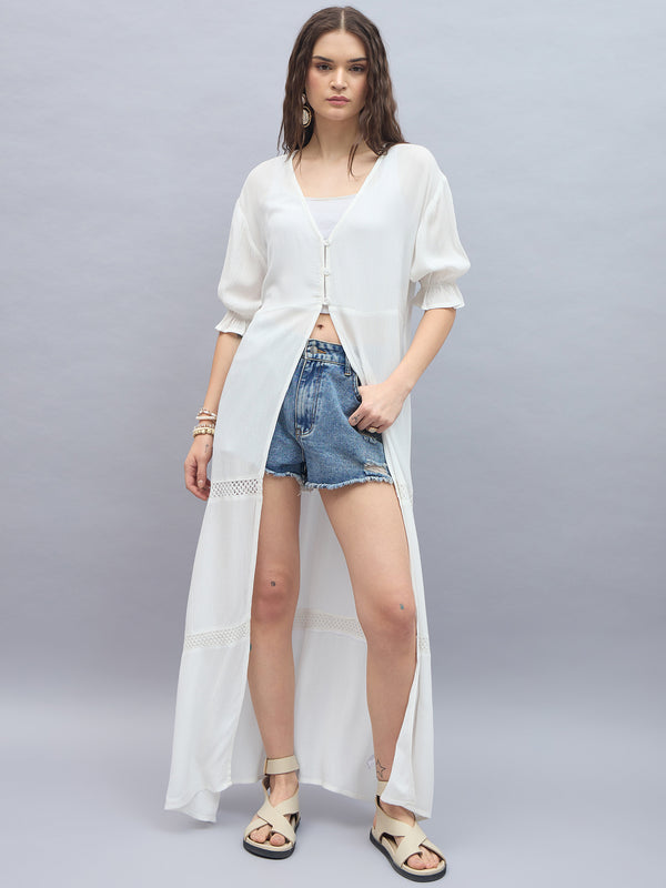 StyleStone Women's Rayon Crepe White Longline Shrug with Lace Inserts