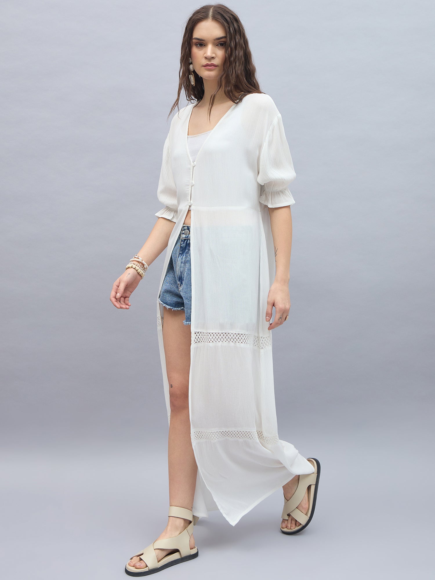 StyleStone Women's Rayon Crepe White Longline Shrug with Lace Inserts