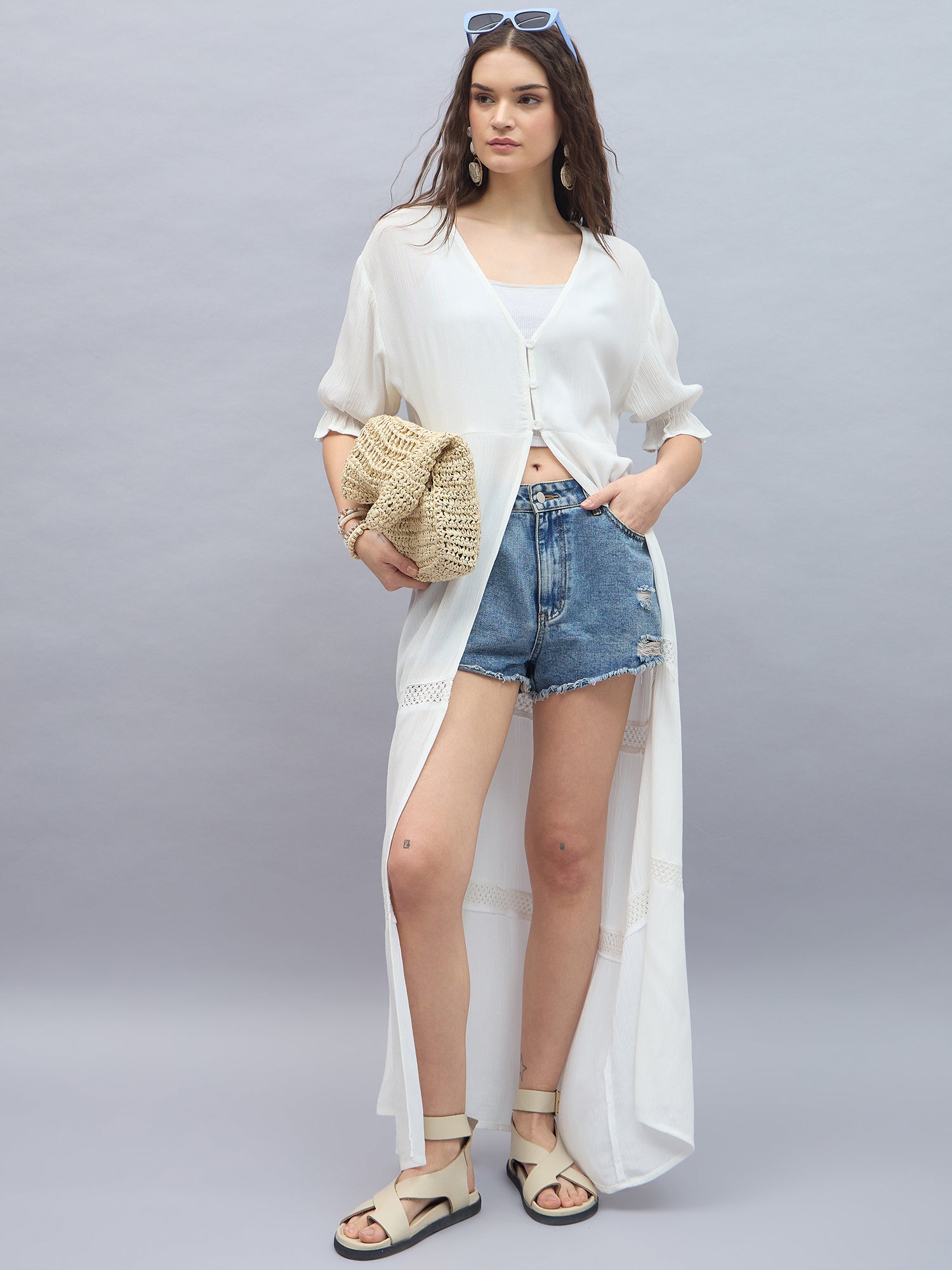 StyleStone Women's Rayon Crepe White Longline Shrug with Lace Inserts