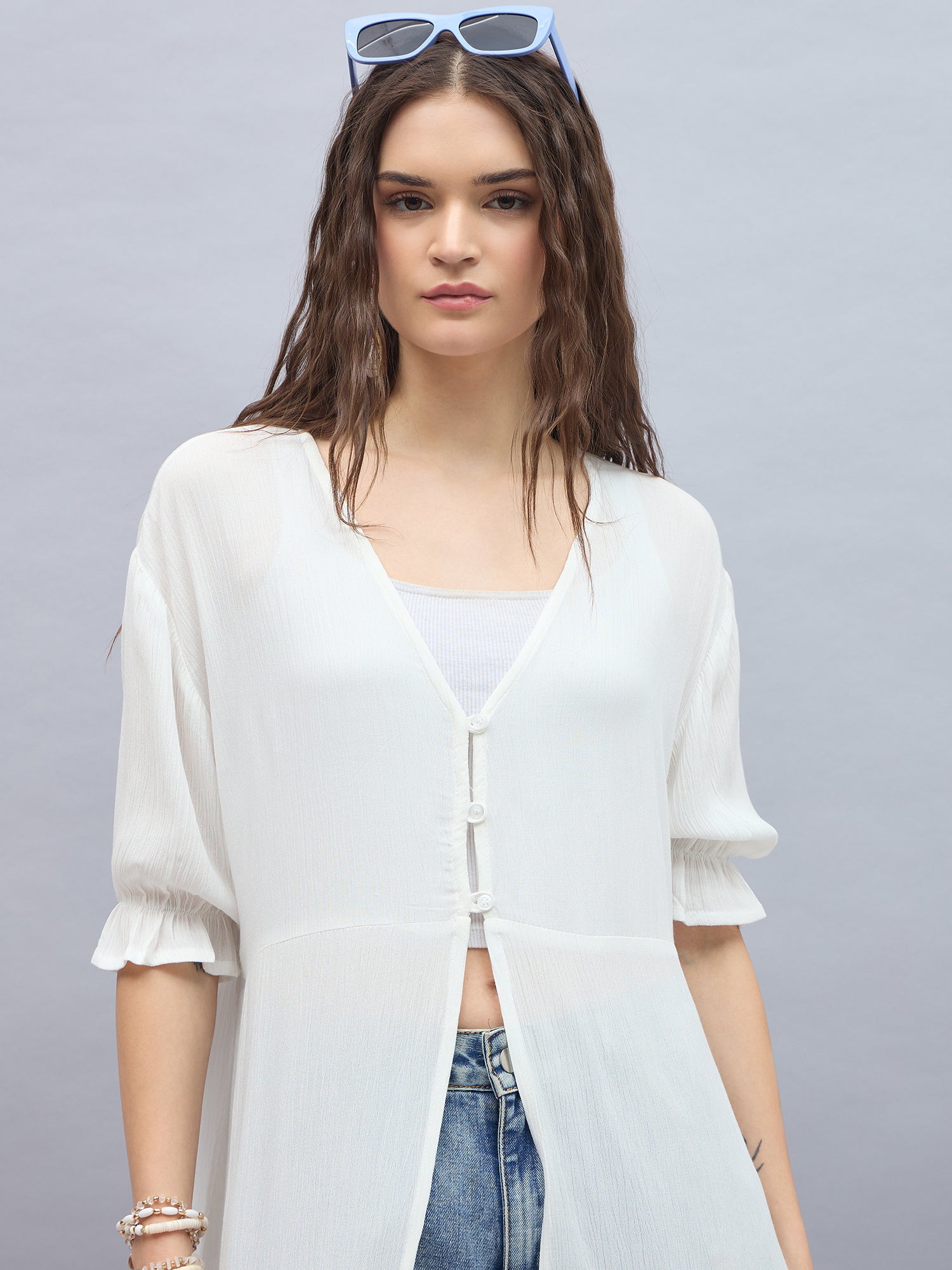 StyleStone Women's Rayon Crepe White Longline Shrug with Lace Inserts