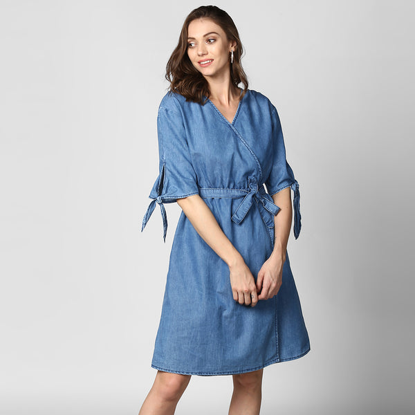 StyleStone Women Blue Solid Knee Length Wrap Dress