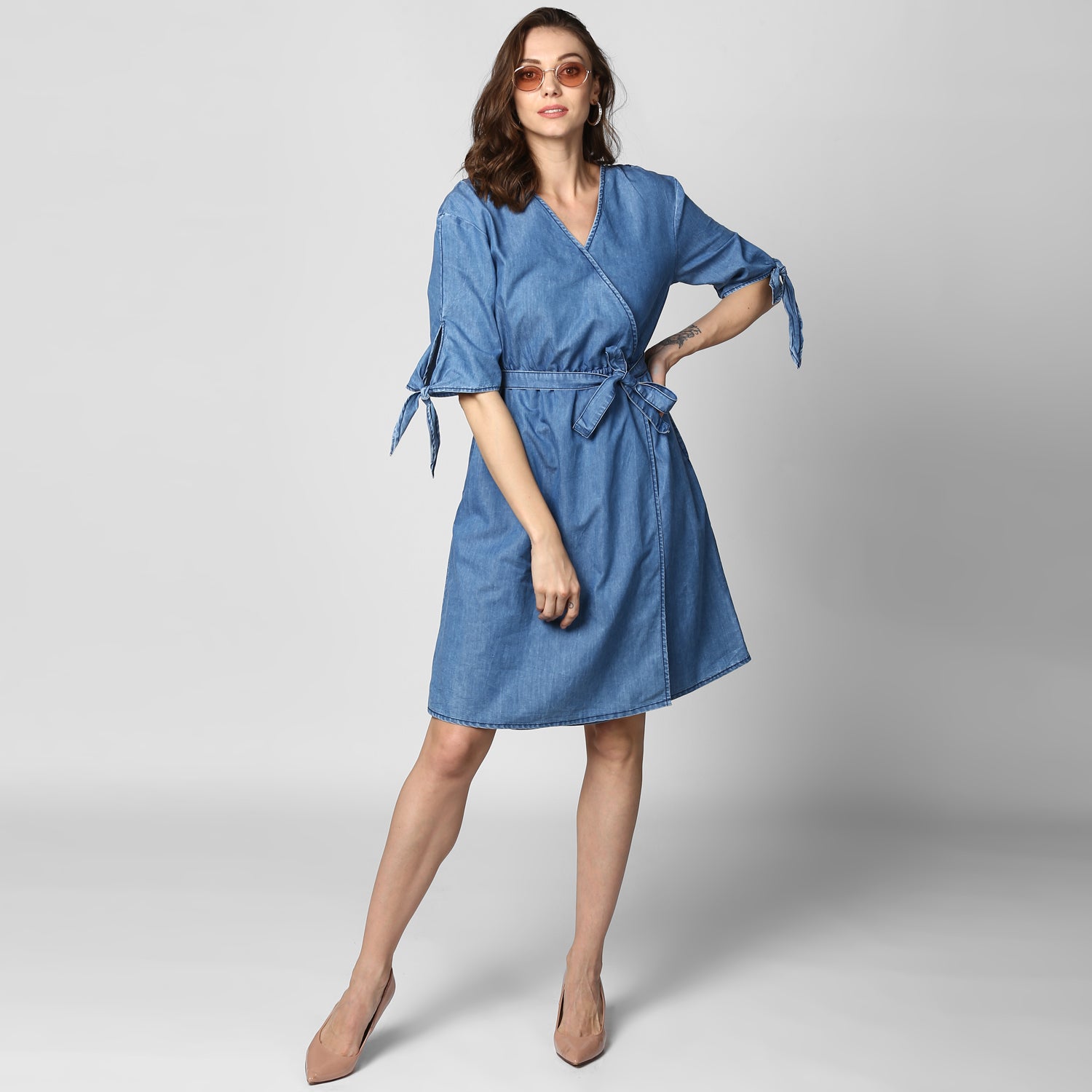StyleStone Women Blue Solid Knee Length Wrap Dress