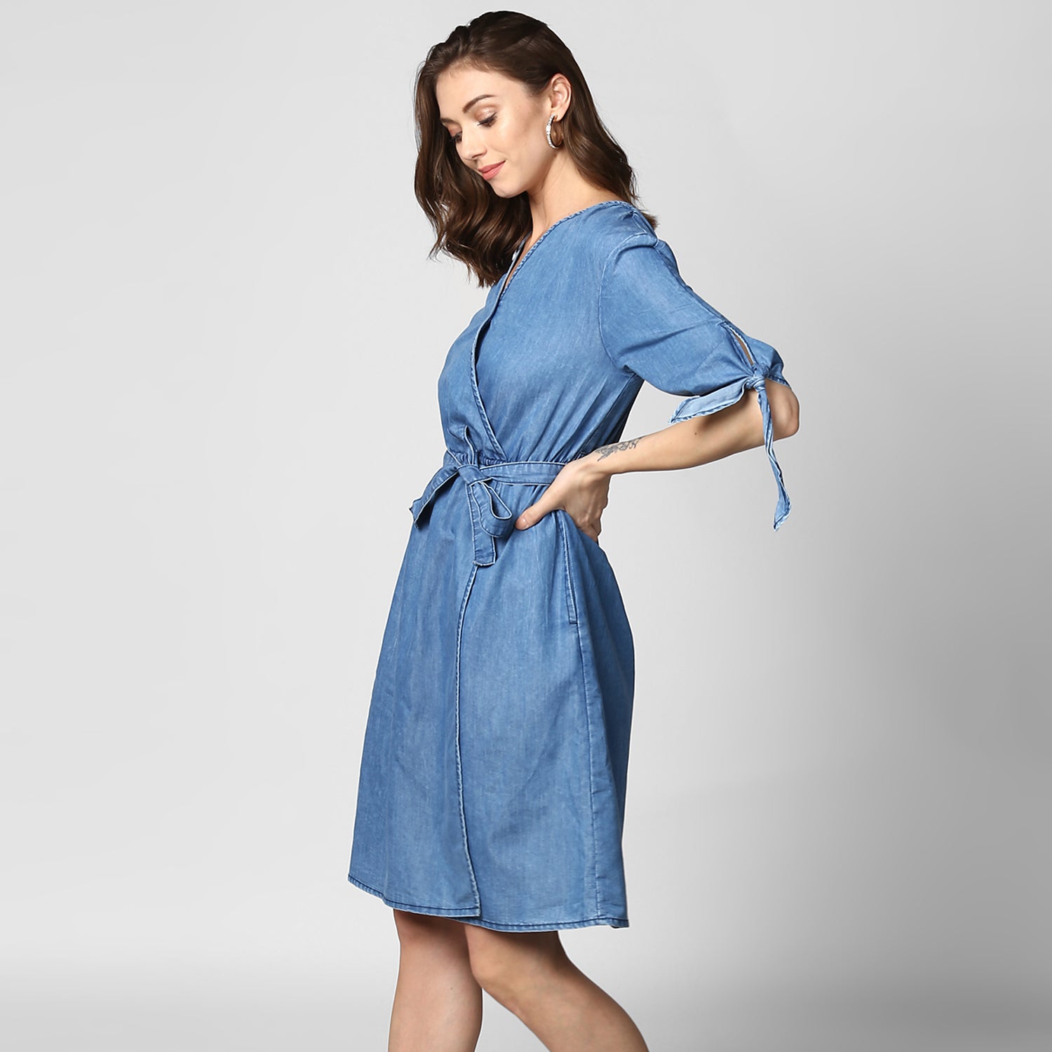 StyleStone Women Blue Solid Knee Length Wrap Dress