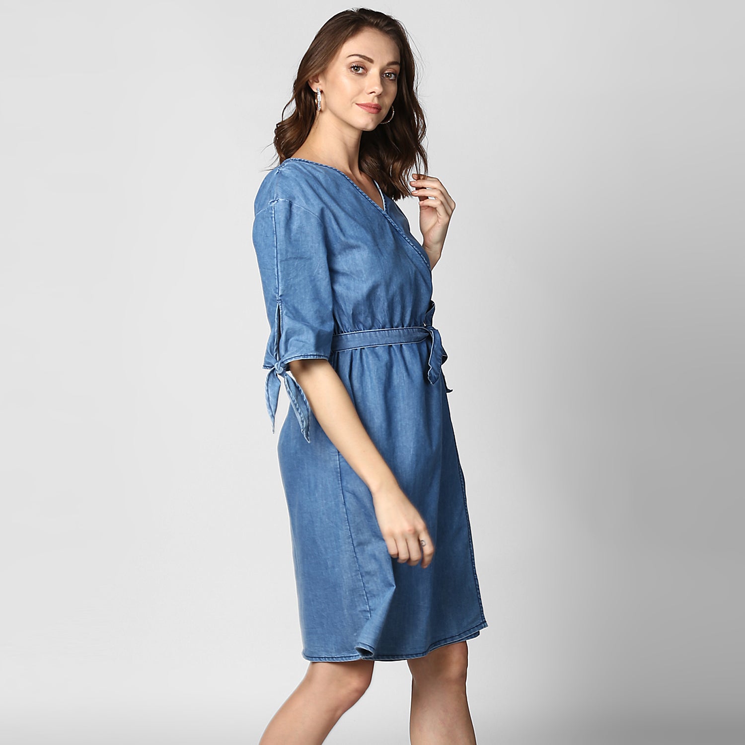 StyleStone Women Blue Solid Knee Length Wrap Dress
