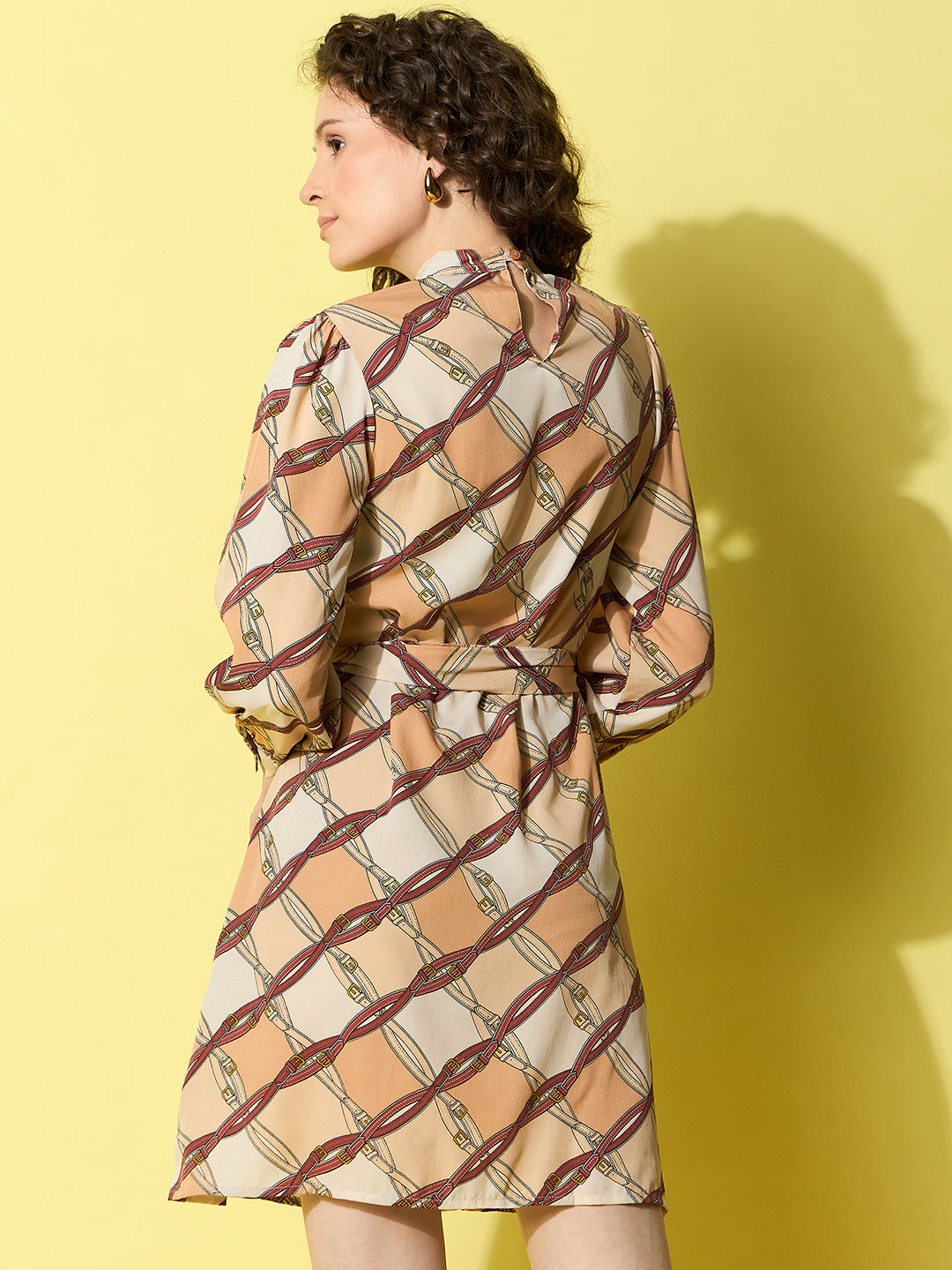 StyleStone Women's Belt Printed Manderin Collar Polyester Shift Dress