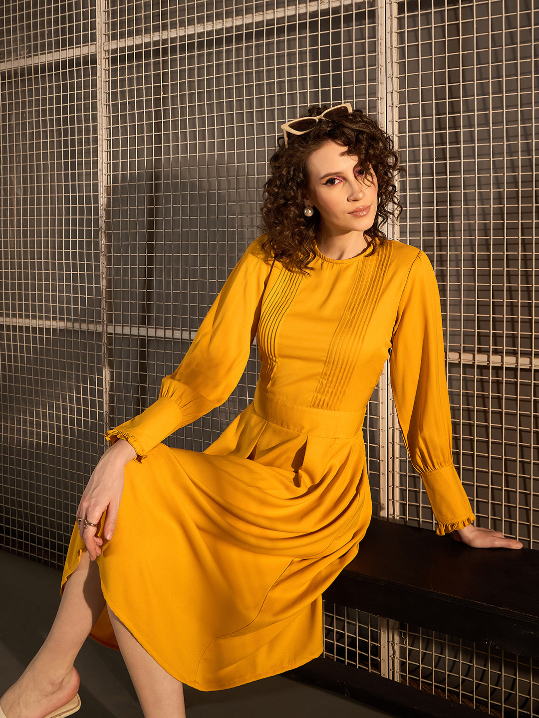 StyleStone Women's Yellow Pintuck Detail Midi Dress