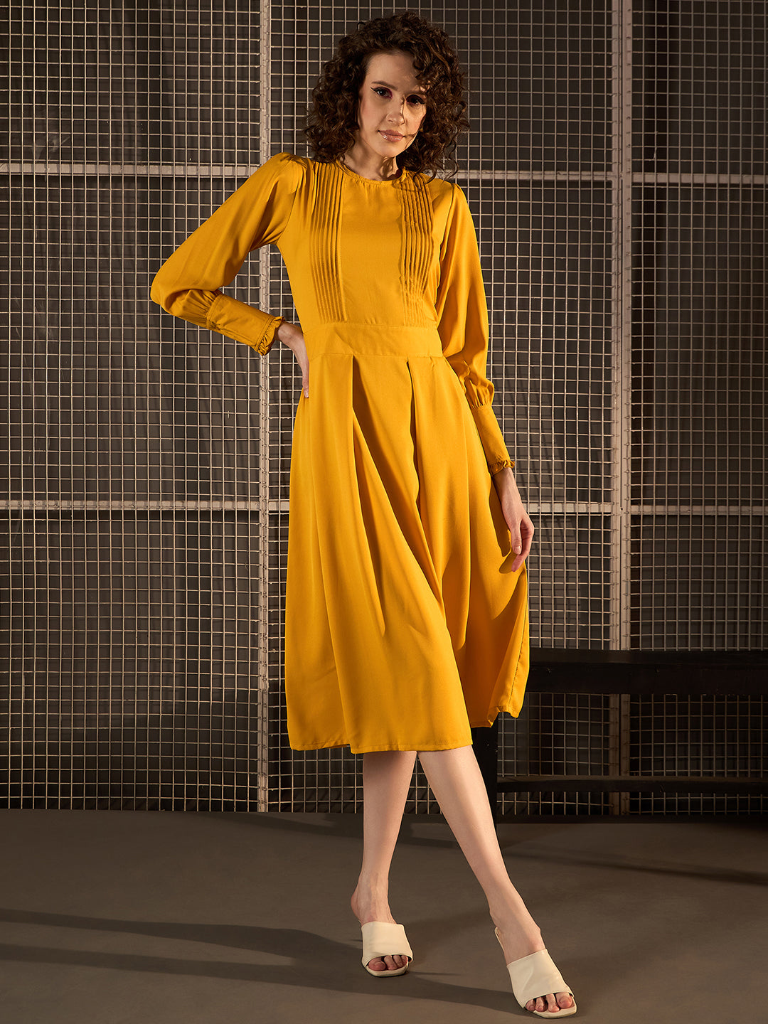 StyleStone Women's Yellow Pintuck Detail Midi Dress