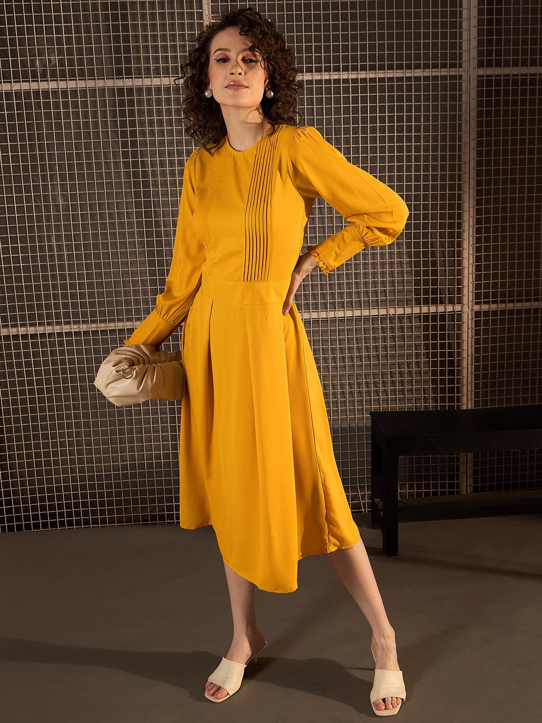 StyleStone Women's Yellow Pintuck Detail Midi Dress