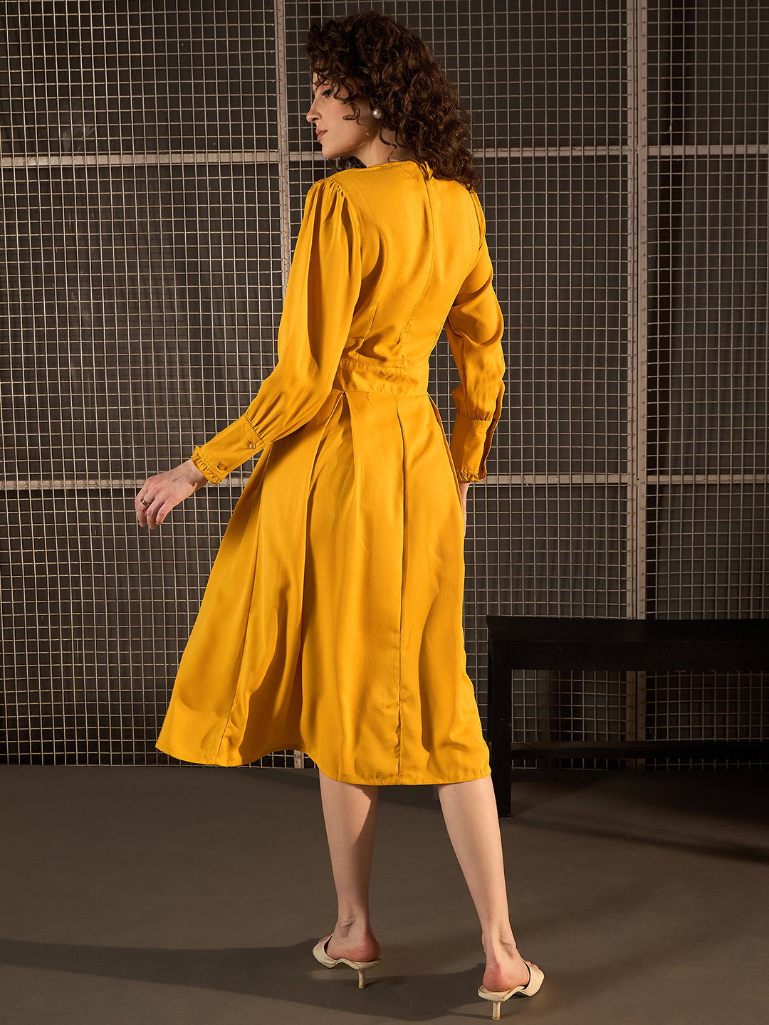 StyleStone Women's Yellow Pintuck Detail Midi Dress