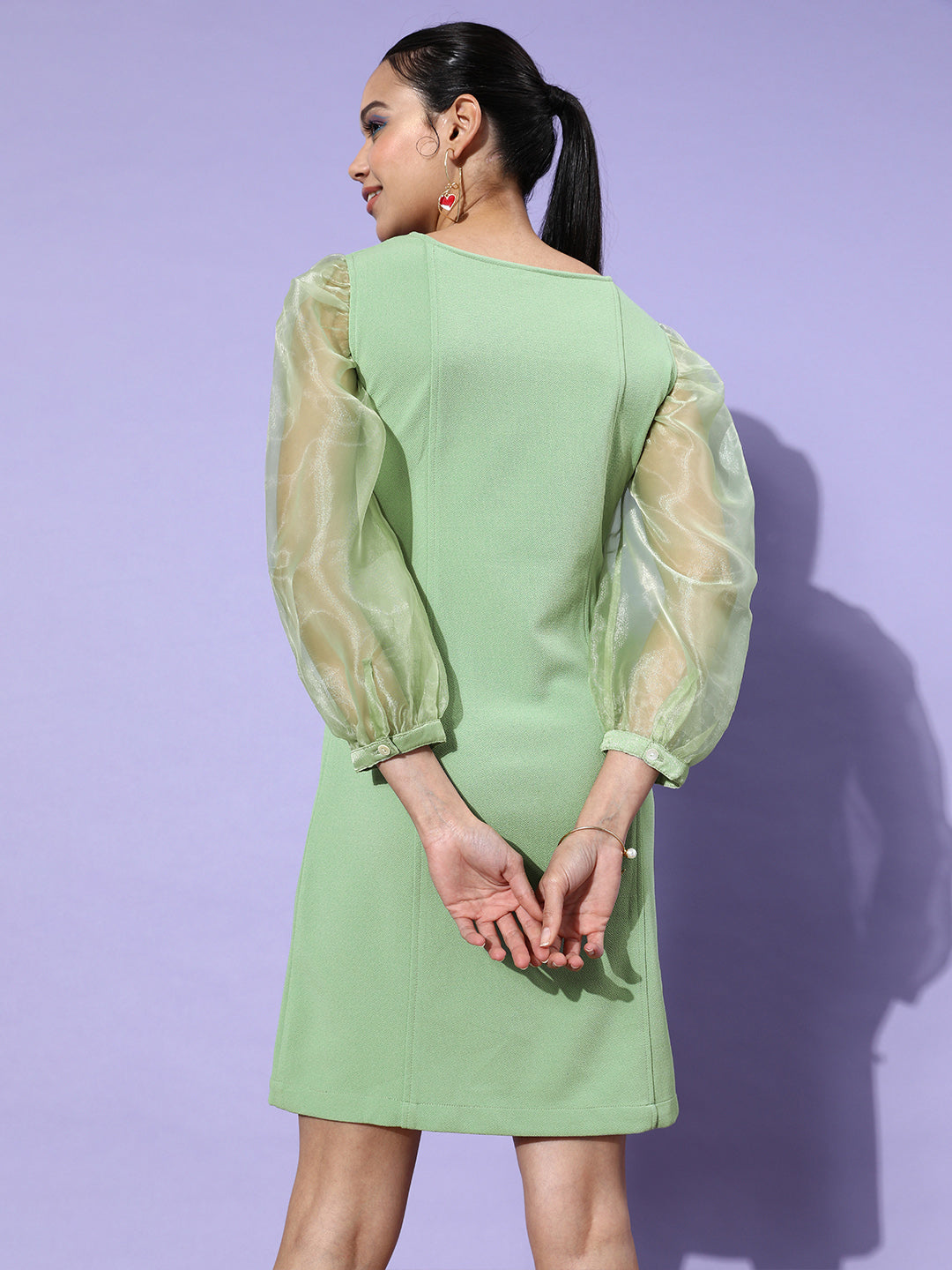 StyleStone Women's Fitted Dress with Organza Sleeve