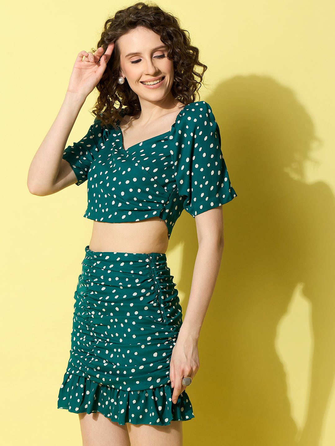 StyleStone Women's Green Polka Printed Top and Skirt Set