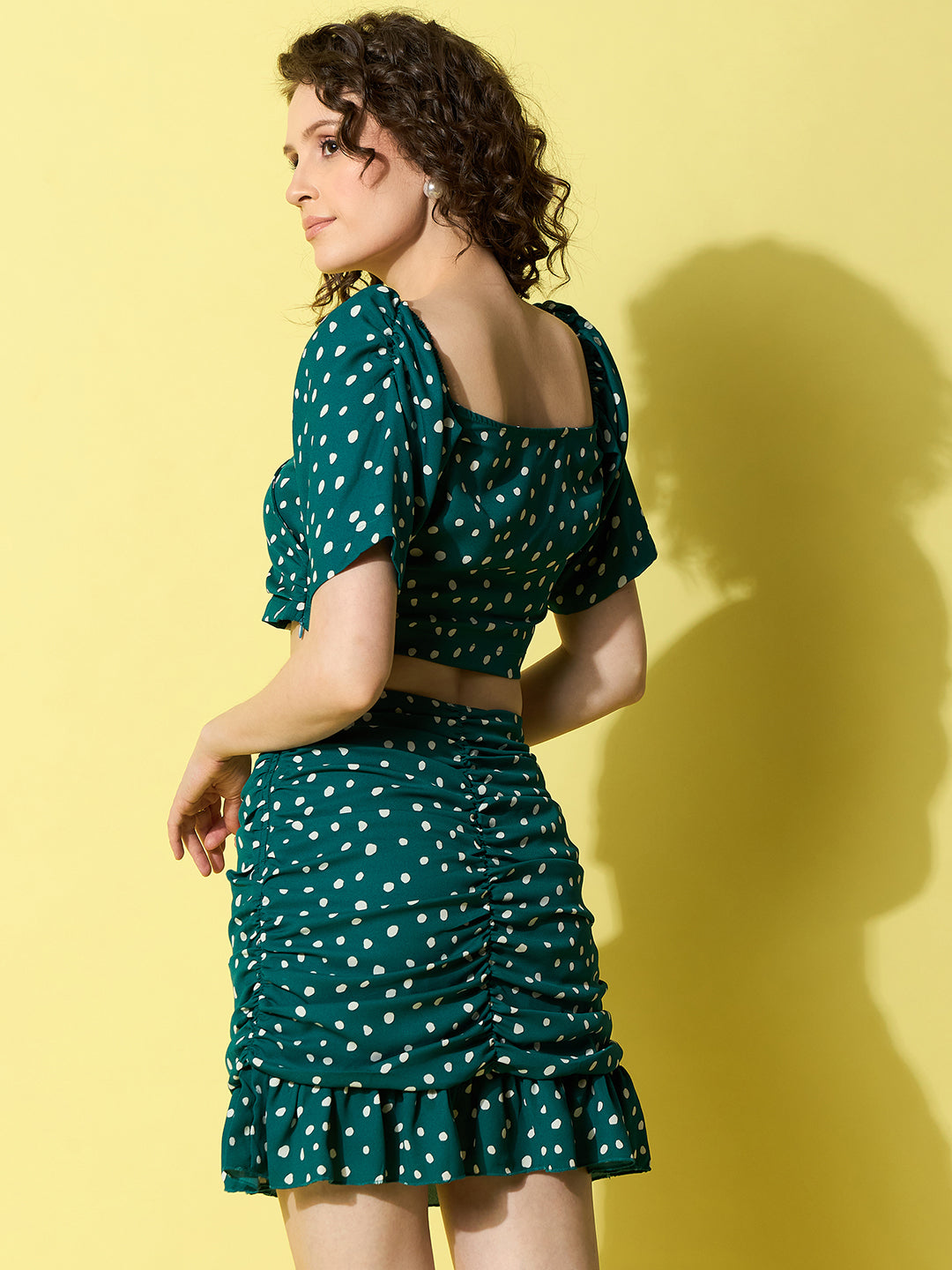 StyleStone Women's Green Polka Printed Top and Skirt Set