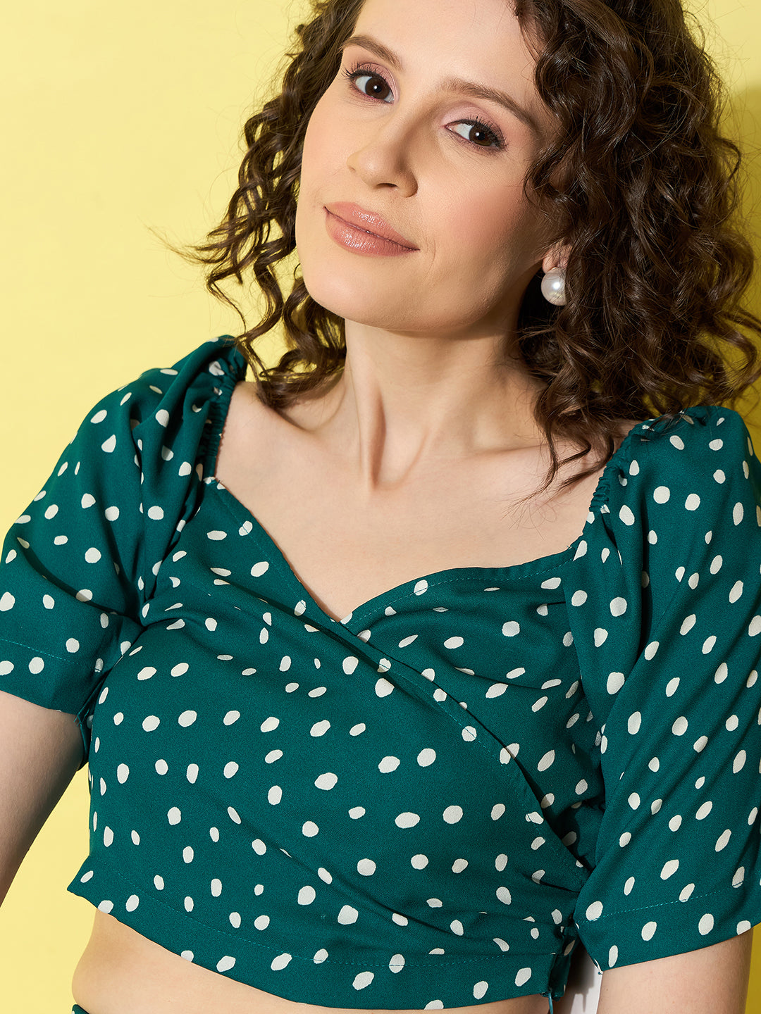 StyleStone Women's Green Polka Printed Top and Skirt Set