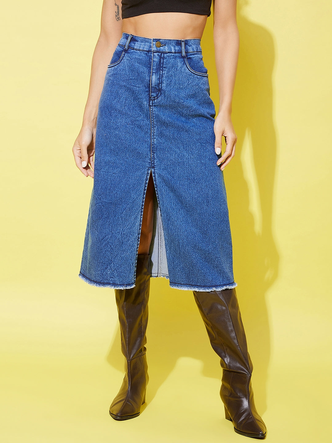 StyleStone Women's Denim Midi Skirt with Center Slit
