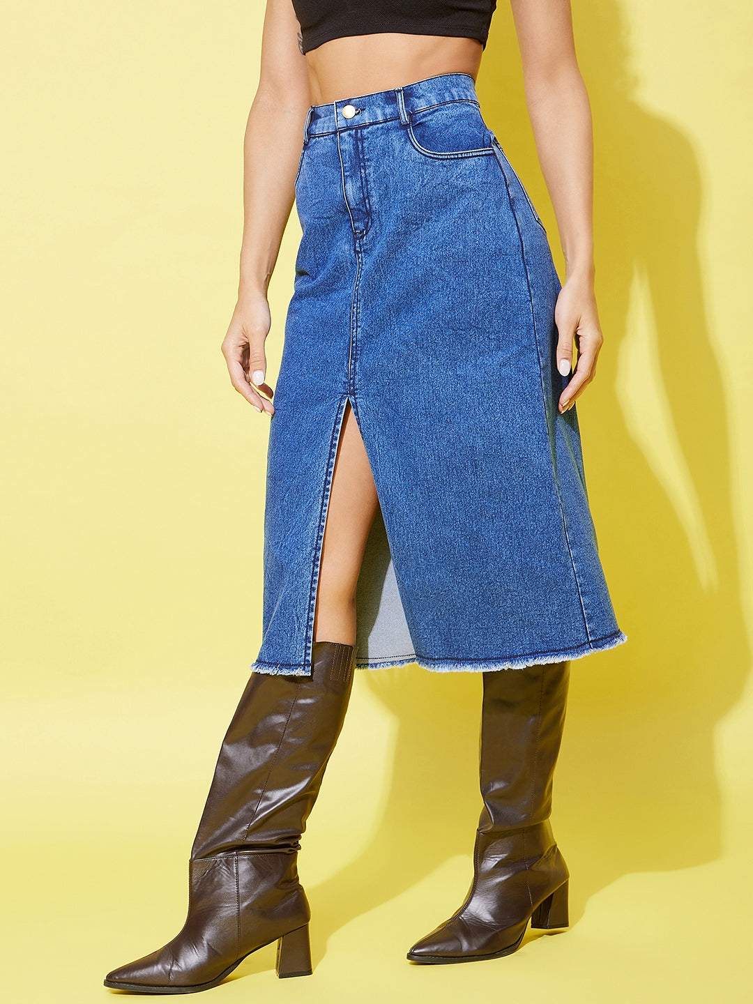 StyleStone Women's Denim Midi Skirt with Center Slit