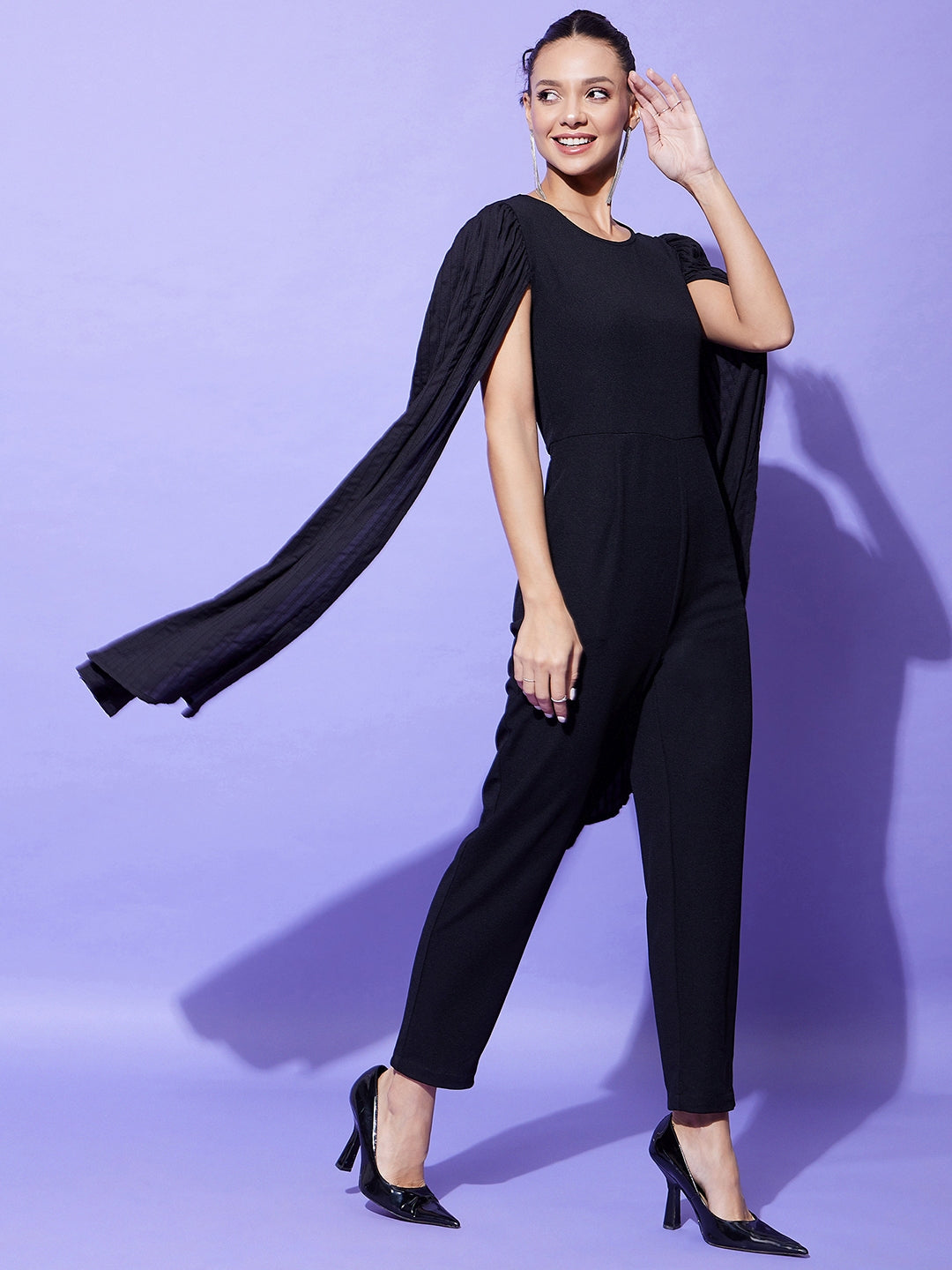 StyleStone Women's Black Fitted Jumpsuit with Long Cape Sleeves