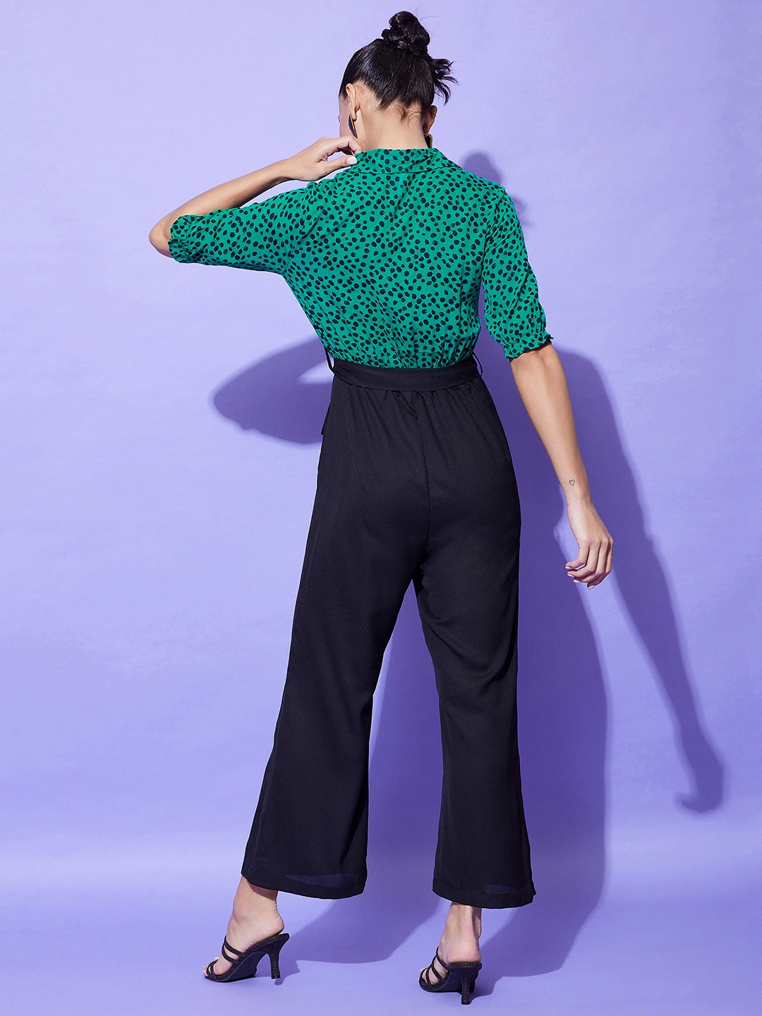 StyleStone Women's Black and Green Polka Dot Jumpsuit