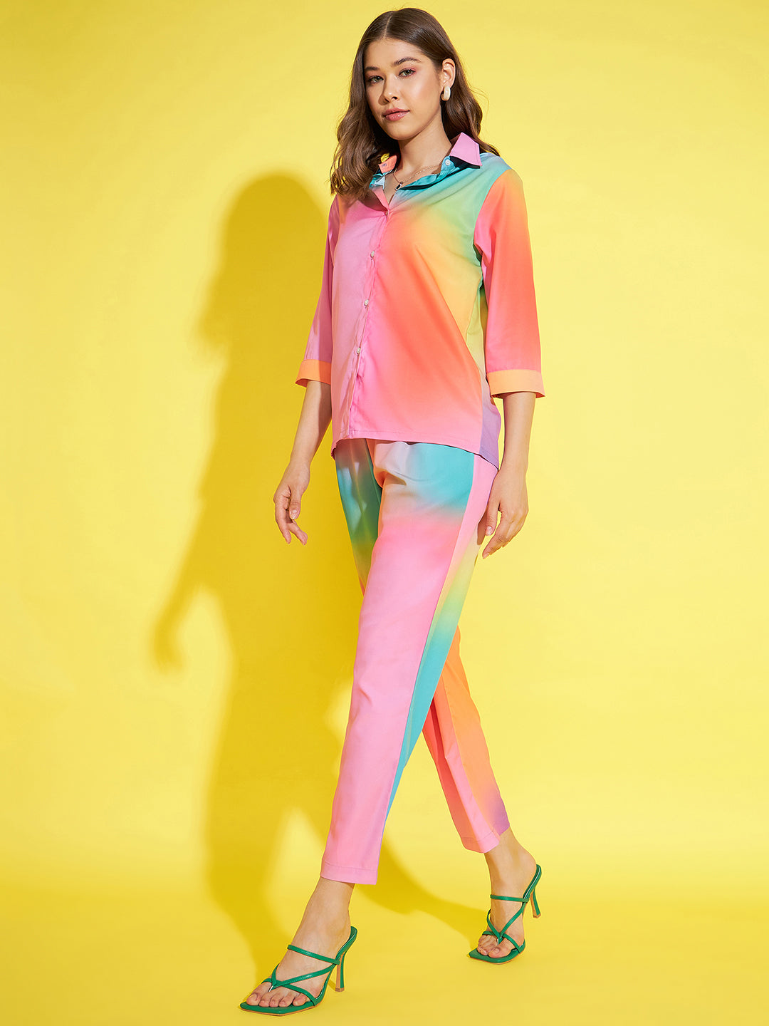 StyleStone Women's Rainbow Printed Shirt & Trouser Co-Ord Set