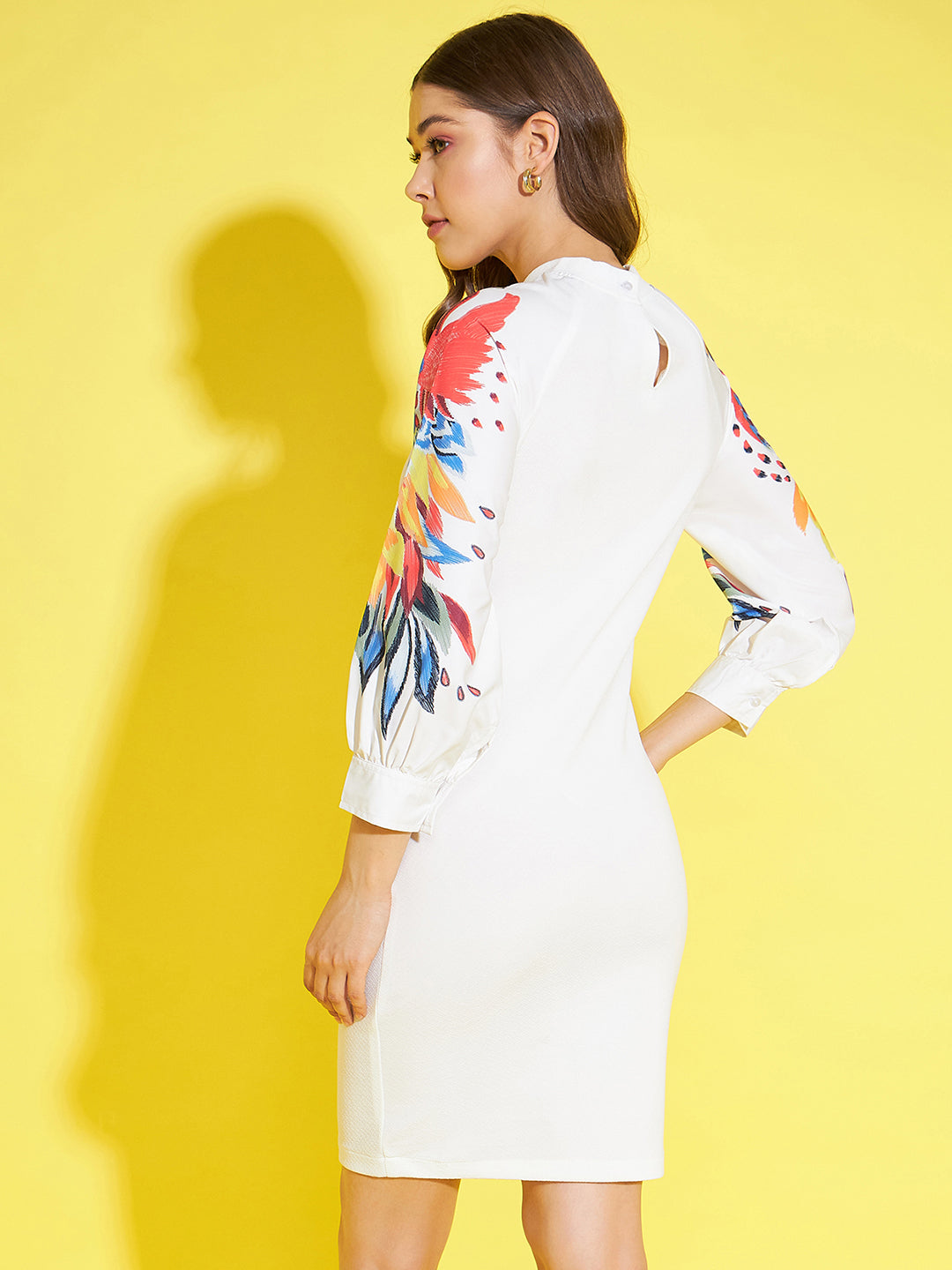 StyleStone Women's White Bodycon Dress with Multi Coloured Printed Sleeves