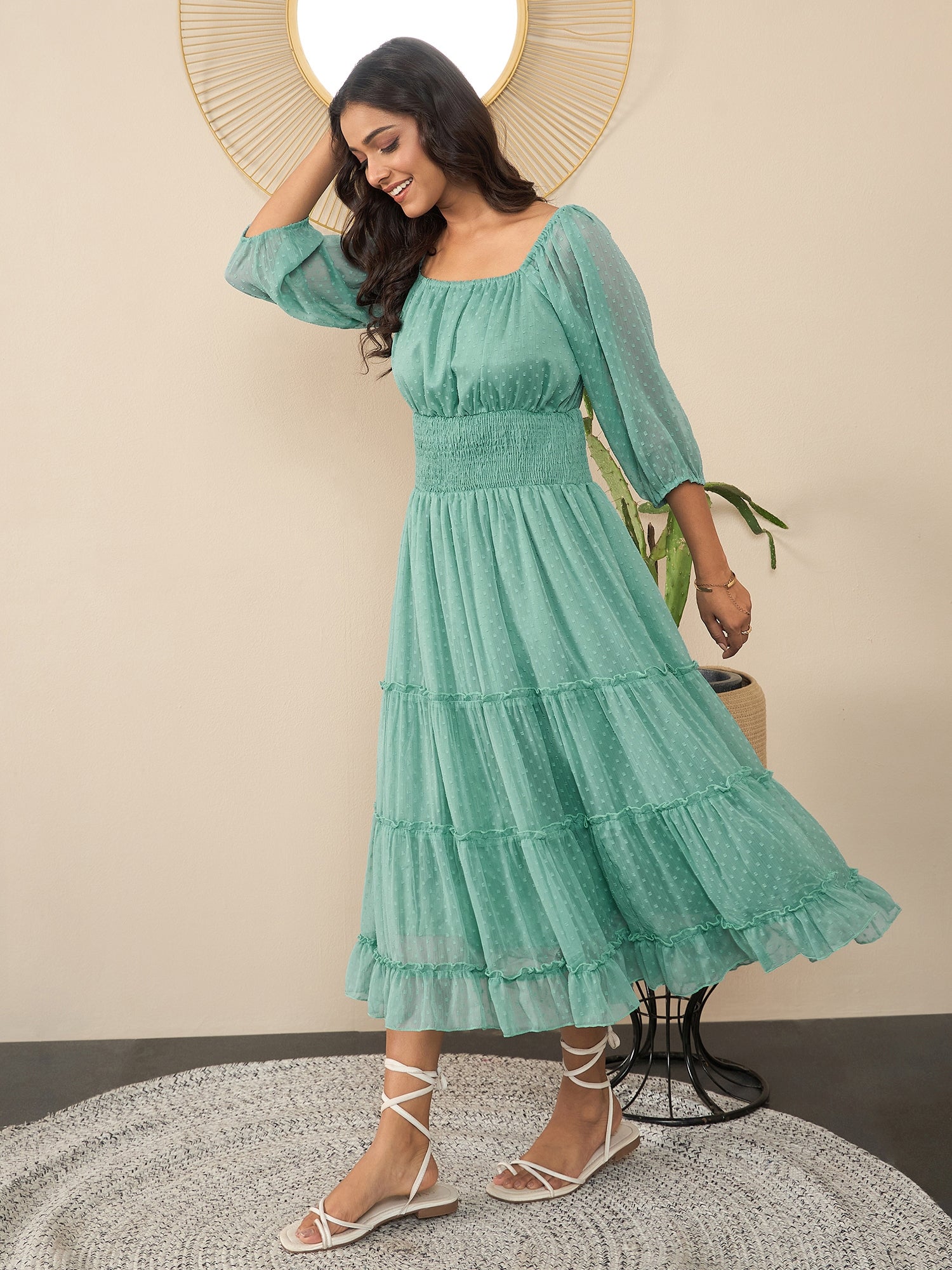 StyleStone Women's Green Polyester Bodycon Peplum Style Dress