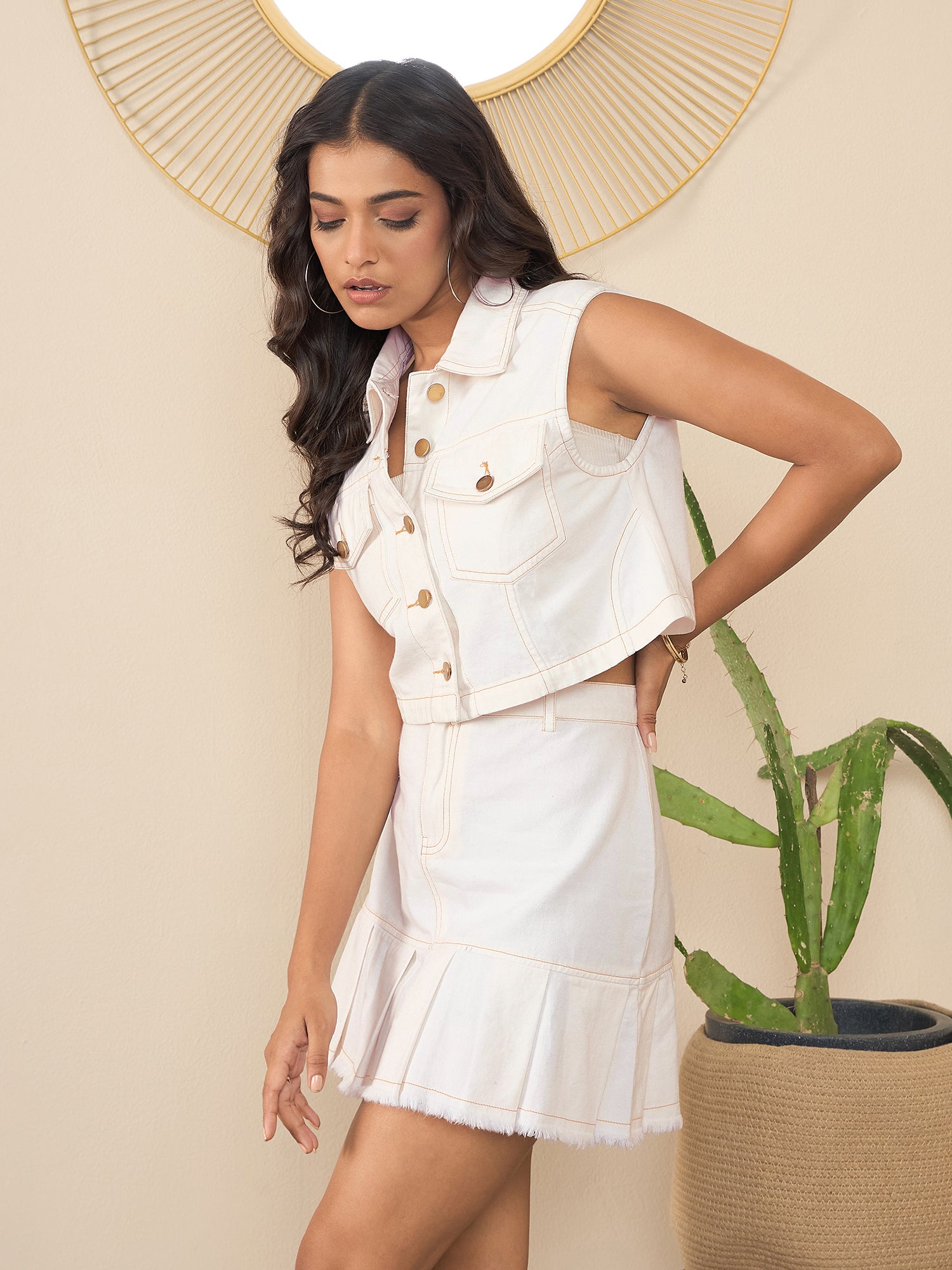 StyleStone Women's Off White Denim Skirt with Crop Jacket Co-Ord Set