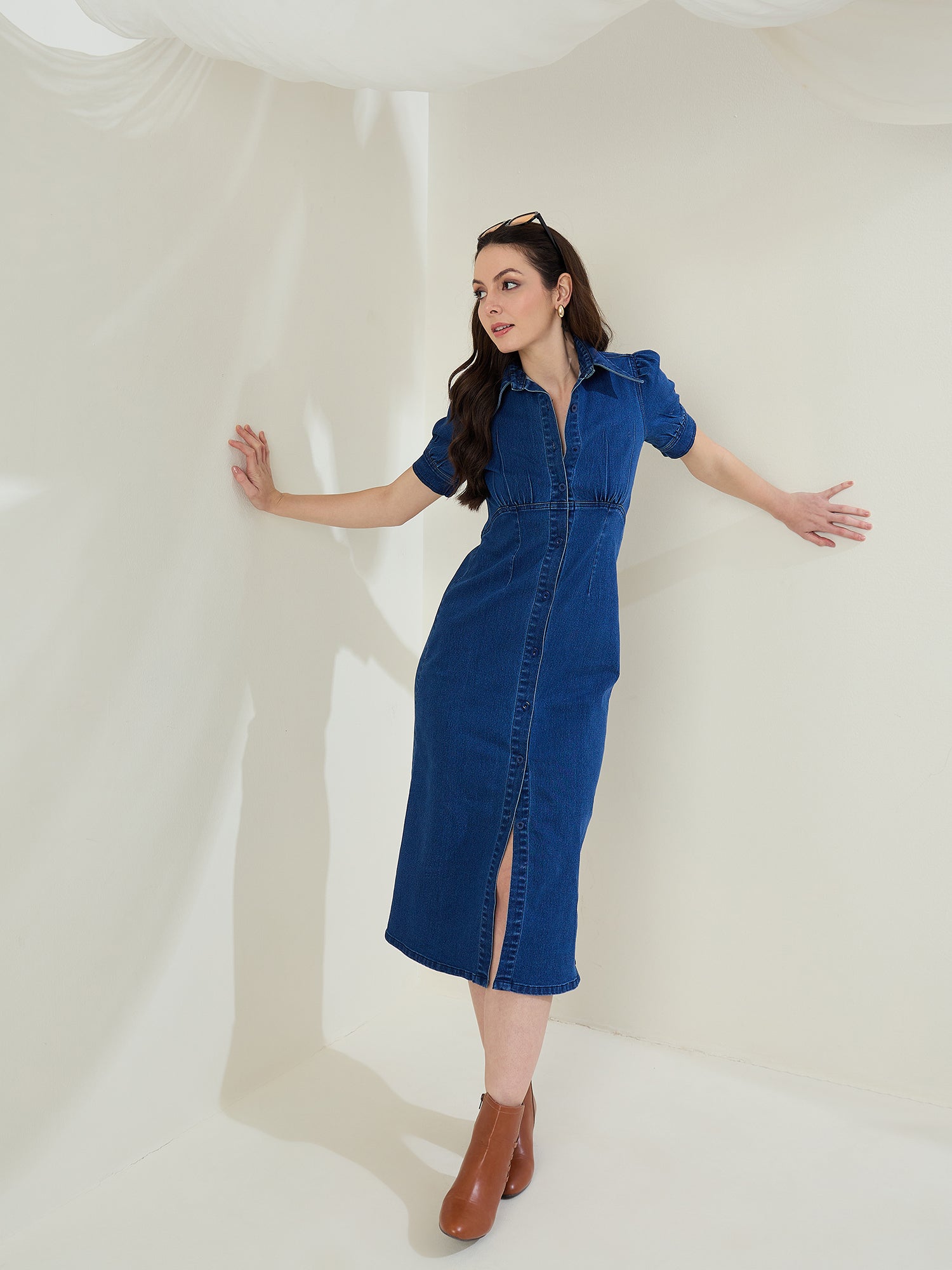 StyleStone Women's Denim Puff Sleeve Midi Dress