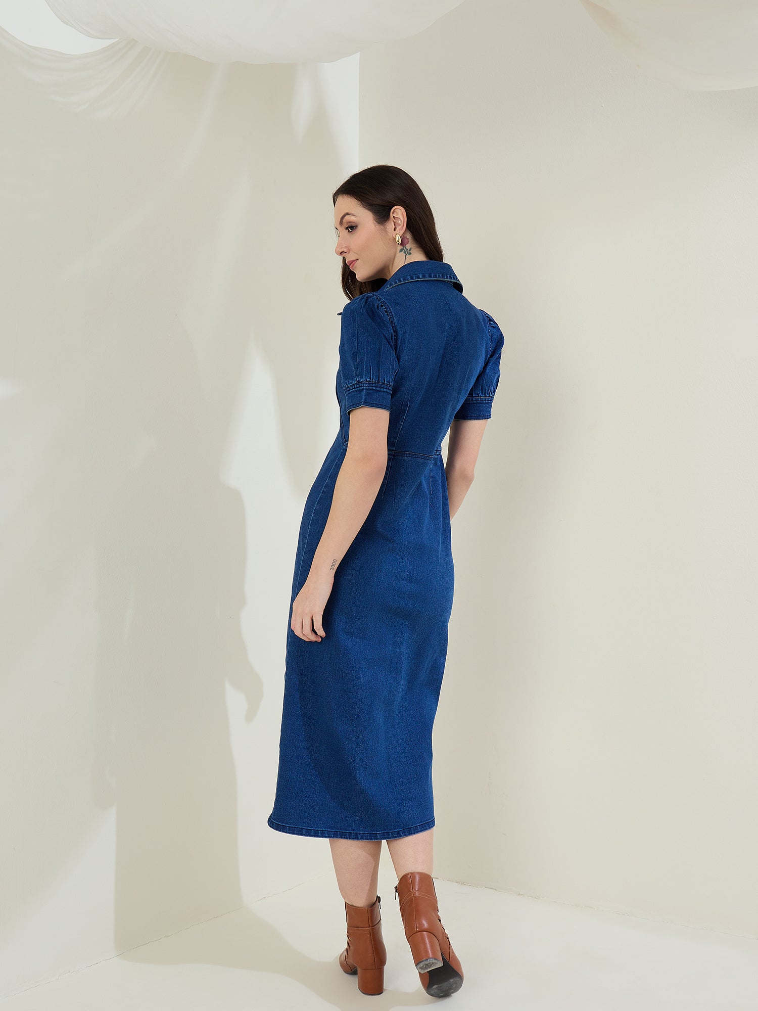 StyleStone Women's Denim Puff Sleeve Midi Dress