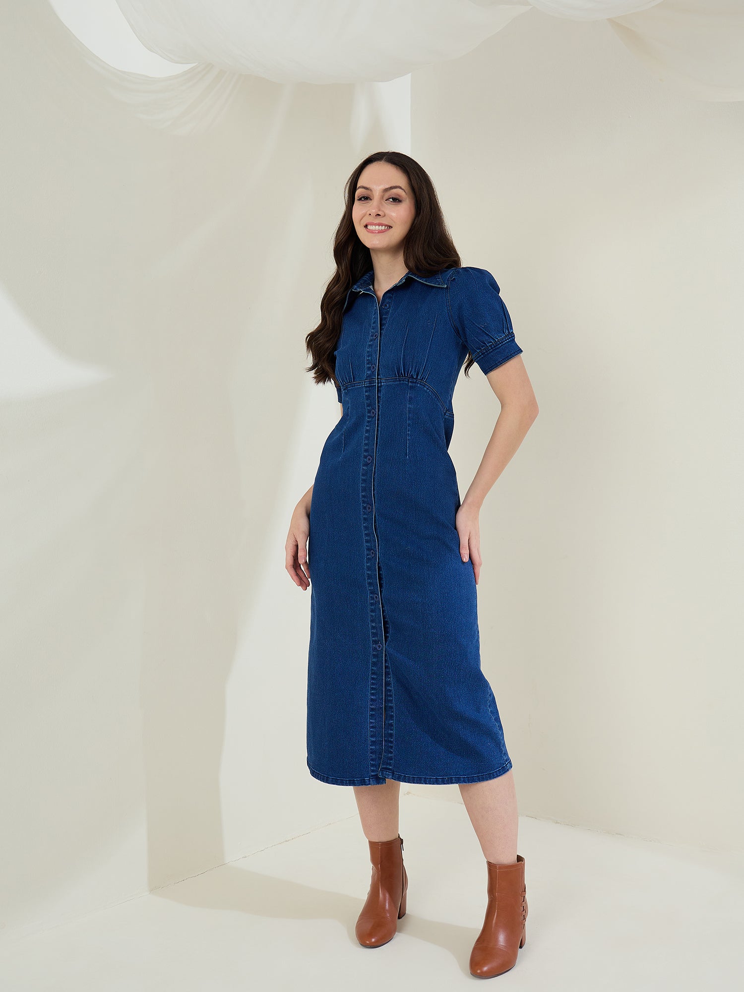 StyleStone Women's Denim Puff Sleeve Midi Dress
